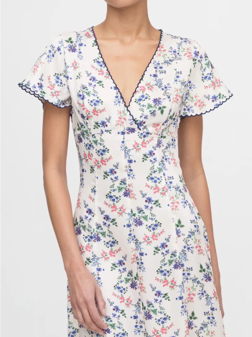 Brie Dress- Floral V-Neck Midi Dress with Navy Trim